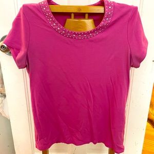 Pink short sleeve top with embellished neckline